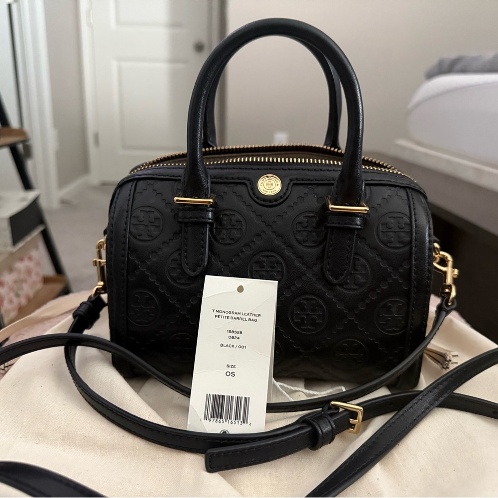 Mint Condition-Tory Burch-Petite T Monogram Leather Mini Barrel Top-Handle Bag